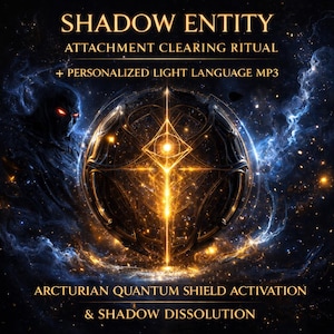 May include: Digital artwork with the text "SHADOW ENTITY" and "ATTACHMENT CLEARING RITUAL". A glowing orb with a cross design is at the center, surrounded by a dark, cosmic background. The text "+ PERSONALIZED LIGHT LANGUAGE MP3" is also visible.