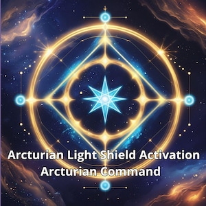 Peut inclure: Une œuvre d'art numérique représentant un design céleste avec une étoile centrale à huit branches en bleu clair. Le design comprend des cercles concentriques et des lignes dorées, sur fond d'espace bleu foncé et violet. Le texte indique "Arcturian Light Shield Activation Arcturian Command."