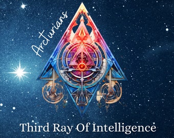 May include: A colorful geometric design with a triangle shape and a starburst in the center. The design is set against a dark blue background with white stars. The text "Light Language Transmission" is at the top of the image, and the text "Arcturians" is written diagonally on the left side of the image. The text "Third Ray Of Intelligence" is at the bottom of the image, and the text "DNA Activation" is below that.