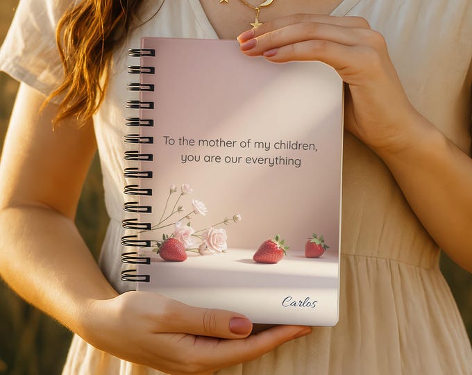Gift for Wife from Husband, Personalized Notebook for Mom, Mothers Day Gift, Custom Name Journal, Strawberry Floral Design
