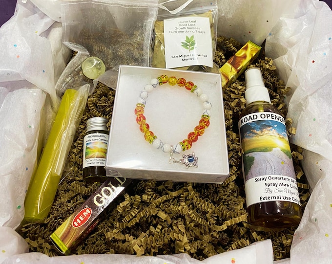 Road Opener Spiritual Cleansing Ritual Kit with Yellow Candle Gold Rain Incense, Bracelet, Oil, Citrine Crystal and Psalm for Prosperity