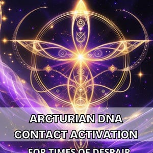 Peut inclure: Illustration numérique avec un motif géométrique doré brillant sur un fond étoilé violet et bleu foncé. Le texte en bas indique : "ARCTURIAN DNA CONTACT ACTIVATION FOR TIMES OF DESPAIR PDF FILE."