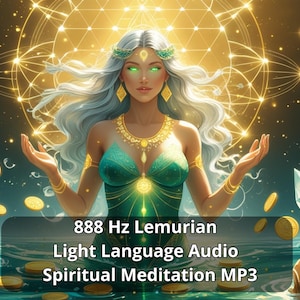 Op de afbeelding: Digitale kunst met een vrouw met groene ogen en zilver haar, versierd met gouden sieraden en een teal top. De afbeelding bevat de tekst "888 Hz Lemurian Light Language Audio Spiritual Meditation MP3" en een gouden geometrische achtergrond.