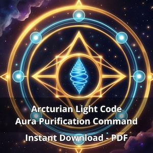 Peut inclure: Œuvre d'art numérique avec un motif géométrique doré et bleu brillant sur fond étoilé. Le motif comprend des cercles concentriques, une étoile et une spirale centrale. Le texte indique "Arcturian Light Code Aura Purification Command".