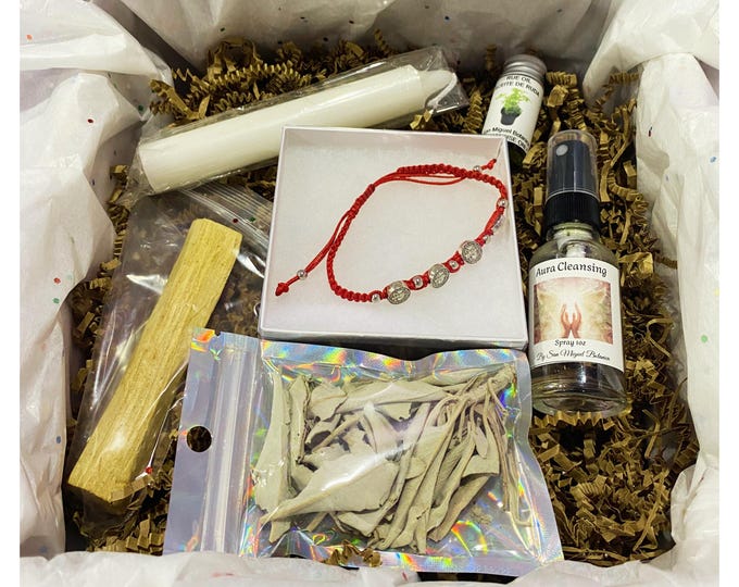 Saint Benedict Protection Bracelet Ritual Kit–Spiritual Cleansing Set– Psalm 91, Rue Oil, Palo Santo, Sage, Aura Spray, White Ritual Candle