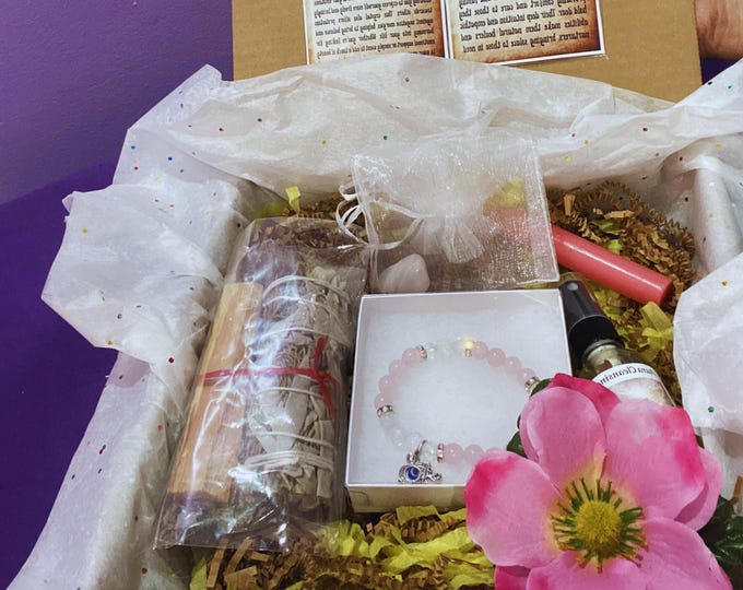 Rose Quartz Bracelet Ritual Kit for Cancer – Spiritual Cleansing Set with Sage, Palo Santo, Pink Candle & Aura Spray