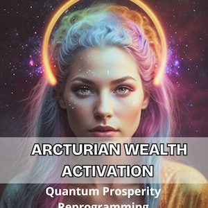 Peut inclure: Illustration numérique d'une femme aux cheveux bleus, violets et roses, avec un halo lumineux et le texte "ARCTURIAN WEALTH ACTIVATION". L'image comprend également le texte "Quantum Prosperity Reprogramming PDF & MP3."