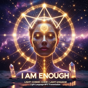 Peut inclure: Illustration numérique d'une femme aux yeux fermés, entourée d'un motif géométrique doré et de lumières scintillantes. Le texte "I AM ENOUGH" est affiché en dessous, avec du texte supplémentaire sur la langue de la lumière et la transmission MP3. Deux cristaux de quartz clairs sont présents.