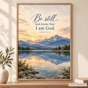 Peut inclure: Une impression murale encadrée représentant un paysage de lac calme reflétant des montagnes enneigées au coucher du soleil. Le texte indique : Be still and know that I am God. PSALM 46:10. La scène inclut des rochers et des arbres au premier plan.