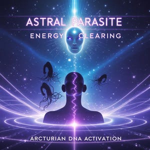 Peut inclure: Illustration numérique d'une scène cosmique avec une silhouette humaine et un visage lumineux. Le texte indique "ASTRAL PARASITE ENERGY CLEARING" et "ARCTURIAN DNA ACTIVATION". L'œuvre présente des tons violets et bleus.