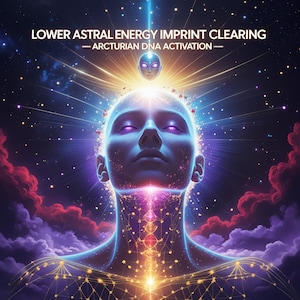 Può includere: Opera d'arte digitale raffigurante una figura umana con pelle blu e occhi viola, che irradia energia. L'immagine presenta il testo "LOWER ASTRAL ENERGY IMPRINT CLEARING - ARCTURIAN DNA ACTIVATION" con uno sfondo cosmico di stelle e nuvole.