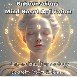 Puede incluir: Ilustración digital de una mujer serena con los ojos cerrados, rodeada por un aura dorada y partículas brillantes. Incluye el texto "Subconscious Mind Reset Activation" y "Personalized Numerology Scarcity Vows Release".