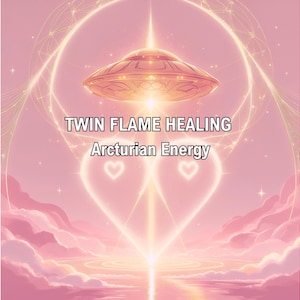 May include: A digital art image with a pink and gold color scheme. The image features a stylized UFO, heart shapes, and the text "TWIN FLAME HEALING Arcturian Energy". The background includes clouds and celestial lines.