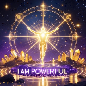 Peut inclure: Illustration numérique d'une figure lumineuse aux bras ouverts, entourée de lumière dorée et de formes géométriques. L'image présente un fond céleste, des cristaux et le texte "I AM POWERFUL" et "ARCTURIAN POWER ACTIVATION".