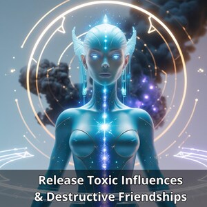 Peut inclure: Image d'art numérique d'une figure humanoïde à la peau turquoise, aux yeux blancs brillants et aux coiffes complexes. La figure est entourée de motifs circulaires lumineux et d'un fond sombre et enfumé. Le texte en bas indique "Release Toxic Influences & Destructive Friendships".