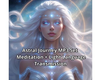 Puede incluir: Ilustración digital de una mujer con largo cabello blanco y ojos azules brillantes. La imagen presenta el texto "Astral Journey MP3 Set Meditation + Light Language Transmission". El fondo es una escena cósmica con colores arremolinados.