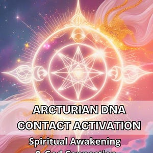Peut inclure: Image numérique à thème céleste. L'image présente un motif géométrique lumineux avec le texte "ARCTURIAN DNA CONTACT ACTIVATION" et "Spiritual Awakening & God Connection PDF FILE". L'arrière-plan est un mélange de rose, de violet et d'or.