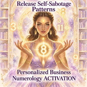 Peut inclure: Une illustration numérique montrant une personne en robe violette avec des bijoux dorés, entourée d'étagères et de chiffres lumineux. Le texte indique : Release Self-Sabotage Patterns et Personalized Business Numerology ACTIVATION.