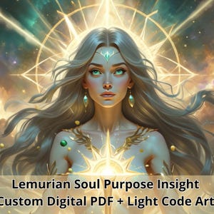 Peut inclure: Illustration numérique d'une femme aux longs cheveux argentés et aux yeux verts perçants. Elle porte un diadème et des boucles d'oreilles ornés de bijoux. L'œuvre a un thème céleste, avec une lumière vive émanant de sa poitrine et un motif en forme d'éclat d'étoile derrière elle. Texte : "Lemurian Soul Purpose Insight Custom Digital PDF + Light Code Art."