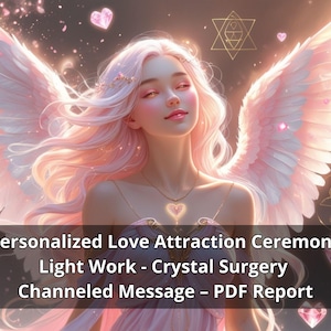Peut inclure: Illustration numérique d'une femme aux cheveux roses et aux ailes d'ange, ornée d'un pendentif en forme de cœur. Le texte indique : Personalized Love Attraction Ceremony, Light Work - Crystal Surgery, Channeled Message - PDF Report.
