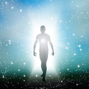 May include: A silhouette of a person standing in a bright white light, surrounded by a blue and green starry sky.