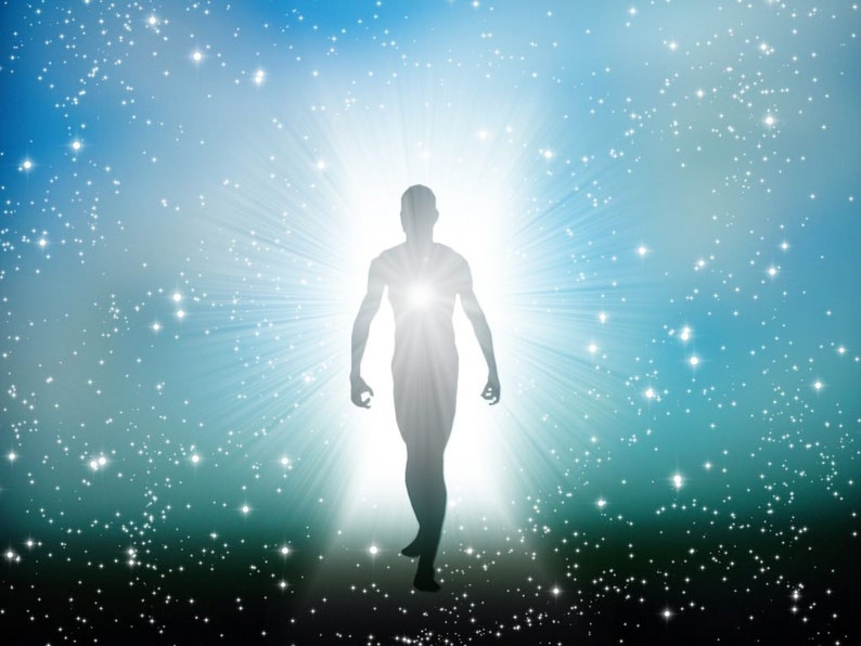 May include: A silhouette of a person standing in a bright white light, surrounded by a blue and green starry sky.