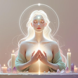 Op de afbeelding: Digitale kunst van een vrouw met lang, vloeiend wit haar, gesloten ogen en gevouwen handen. Een helder licht straalt uit haar borst. Aangestoken kaarsen en kristallen omringen haar, wat een serene en spirituele sfeer creëert.