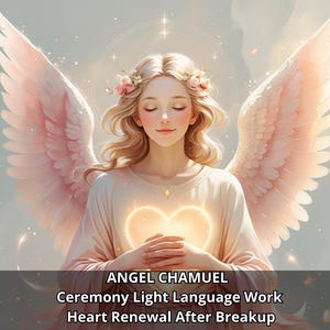 Könnte beinhalten: Illustration eines Engels mit geschlossenen Augen, geschmückt mit einem Blumenkranz und großen Federflügeln. Der Engel hält ein leuchtendes Herz. Das Bild enthält den Text "ANGEL CHAMUEL, Ceremony Light Language Work, Heart Renewal After Breakup."