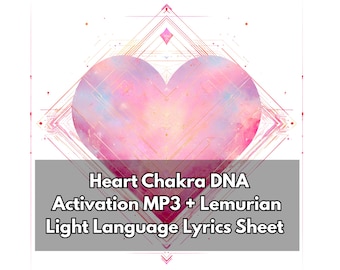 Op de afbeelding: Digitale illustratie met een roze en paars hartontwerp, bedekt met geometrische patronen. De tekst "Heart Chakra DNA Activation MP3 + Lemurian Light Language Lyrics Sheet" staat op een grijze balk tegen een witte achtergrond.