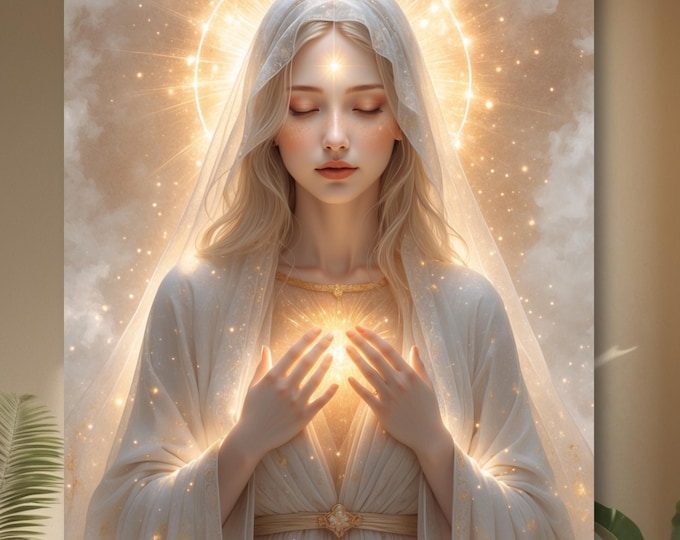 Radiant Madonna Canvas Wall Art | Mary Magdalene Inspired | Christian Spiritual Decor | Divine Feminine Art | Neutral Boho Wall Decor