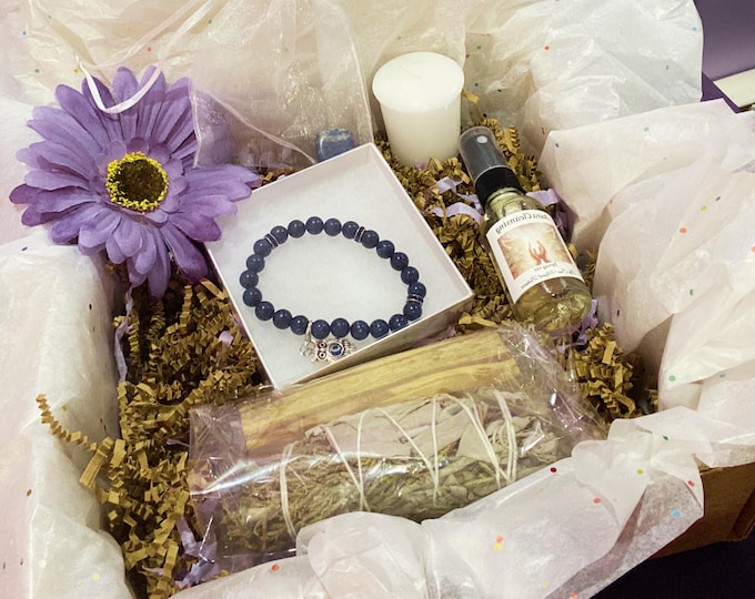 Lapis Lazuli Bracelet Ritual Kit for Pisces – Spiritual Cleansing Set with Sage, Palo Santo, White Candle & Aura Spray