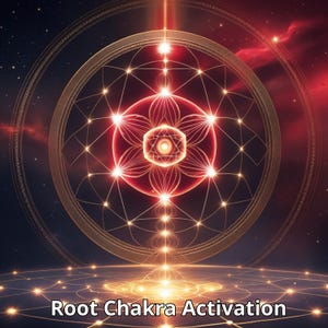 Könnte beinhalten: Eine künstlerische digitale Illustration mit einem goldenen Mandala und einem roten zentralen Blumendesign. Das Bild hat einen kosmischen Hintergrund mit dem Text "Root Chakra Activation" unten. Das Farbschema ist rot, gold und schwarz.