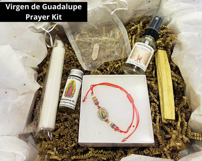 Virgin of Guadalupe Prayer Kit – Spiritual Protection Set with Candle, Palo Santo Incense, Blessed Oil, Rose Quartz & Cleansing Spray