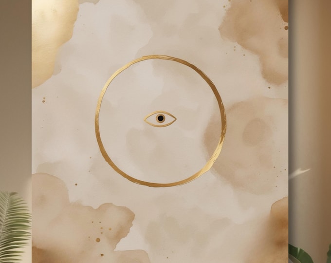Evil Eye Protection Canvas Wall Art, Neutral Spiritual Decor, Minimalist Zen Energy Artwork, Healing Space Decor, Beige Gold Wall Art