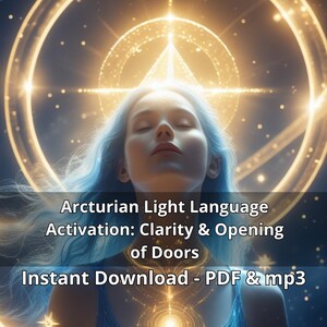Puede incluir: Ilustración digital de una mujer con cabello azul y ojos cerrados, rodeada de círculos y estrellas de luz dorada. Texto: "Arcturian Light Language Activation: Clarity & Opening of Doors. Instant Download - PDF & mp3."