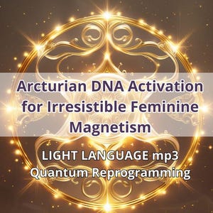 Peut inclure: Graphique numérique avec un motif circulaire doré et orné et du texte. Le texte se lit comme suit : "Activation de l'ADN arcturien pour un magnétisme féminin irrésistible" et "LANGAGE LUMIÈRE mp3 Reprogrammation quantique."