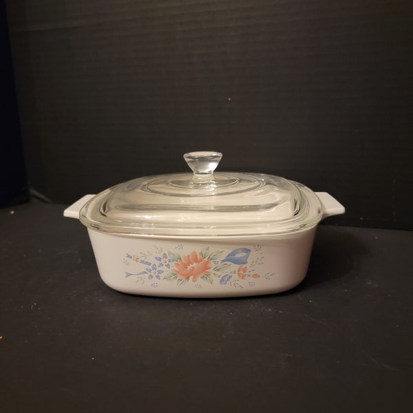 Vintage Corning Ware Casserole Symphony Clear Pyrex Lid  7" #A-1-B Pink Floral Blue Ribbon Flowers 1 Litre