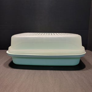May include: A rectangular, light blue food storage container with a clear, vented lid. The container has a white rim and is made of durable plastic. The lid has a series of parallel slits for ventilation. The container is designed for food storage.