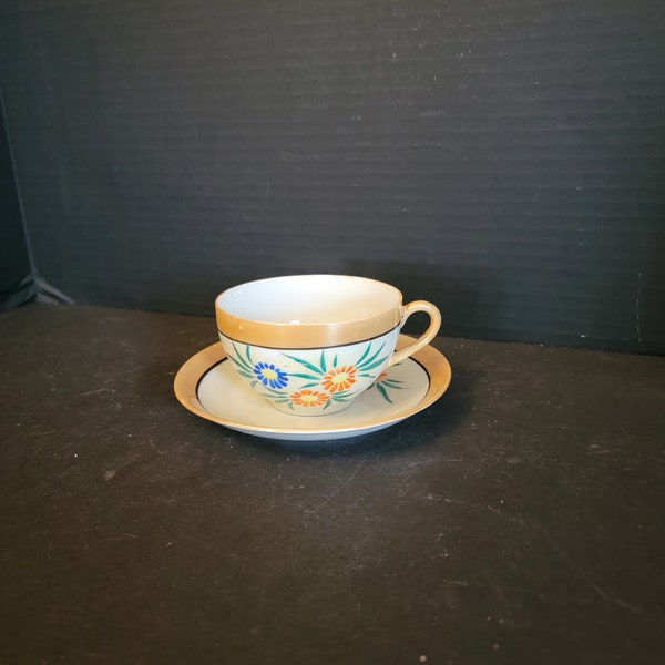 Vintage Luster Ware Iridescent China Teacup & Saucer Blue Orange Floral Green Foilage w Gold Accents Made in Japan Tea Coffee Collection