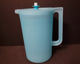 Vintage Tupperware Sheer Teal Blue Pitcher #1416 1 Gallon Push Button Lid Iced Tea Lemonade 4 Quart