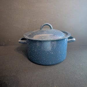 May include: A deep blue stock pot with a speckled white pattern throughout the exterior. The pot features two side handles and a matching lid with a central arched handle. The finish is smooth and glossy, covering the entire surface of the pot.