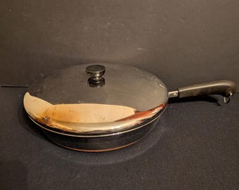 Vintage Revere Ware Copper Clad Frying Pan 1801 Copper Bottom w Lid 12" Skillet  Chicken/Fish Fryer Clinton IL