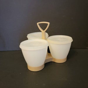 Vintage Tupperware Condiment Caddy 757 Almond base 3 Clear Cups Lids Picnic Server Candy Catsup Mustard Pickles Olives