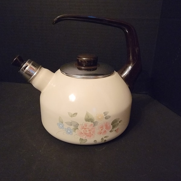 Vintage Enameled Whistling Teakettle Hook Handle Stainless Lid w Knob Teapot Holds 8 Cups Dainty Pink Blue Flower Design Good Condition.