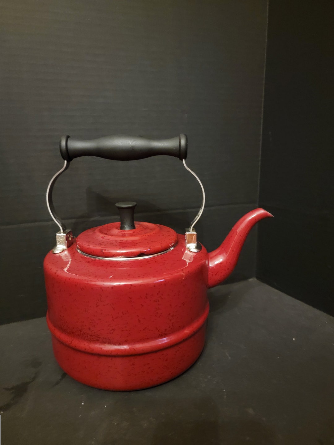 Vintage Paula Deen Enamel Teakettle 2 Qt Dark Red Speckle Stovetop