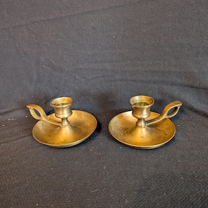 2) Vintage Brass Chamber Candlestick Holderd w Drip Tray & Finger Rest 2.5&quot; tall x 6.5&quot; across including Handle.