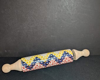 Anthropologie Ceramic Rolling Pin Geometric Design Wooden Handles 17"