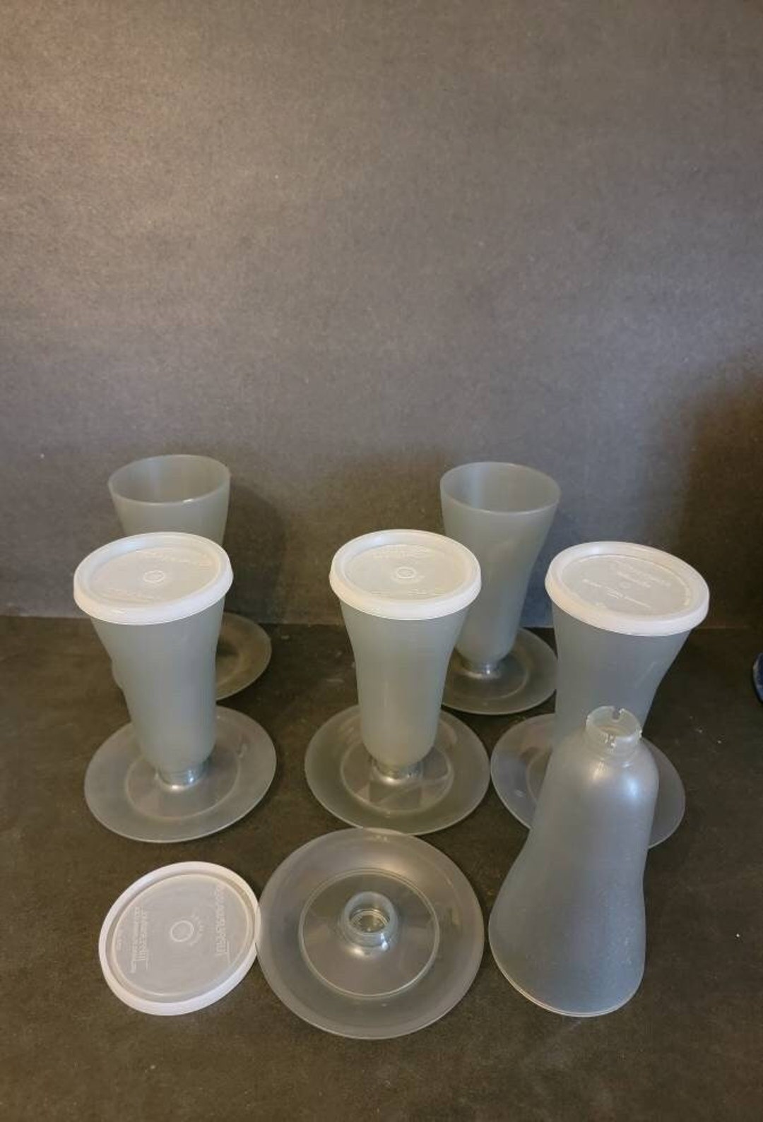 6 Vintage Tupperware Parfait Dessert Glasses W Lids 754 Smokey Gray 5 3
