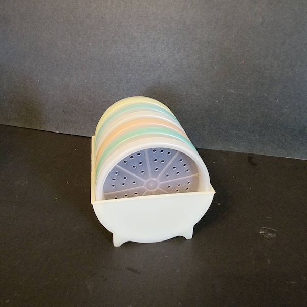 Vintage Tupperware Coasters Wagon Wheel Set of 6 Pastels with Caddy  #567