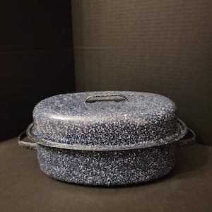 May include: Blue enamel roasting pan with a white speckled finish and a black handle.